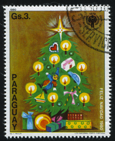 RUSSIA KALININGRAD, 22 APRIL 2017: stamp printed by Paraguay, shows Christmas Tree, circa 1980のeditorial素材