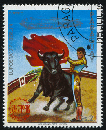 RUSSIA KALININGRAD, 22 APRIL 2017: stamp printed by Paraguay, shows  bull fighter from Seville, circa 1977のeditorial素材