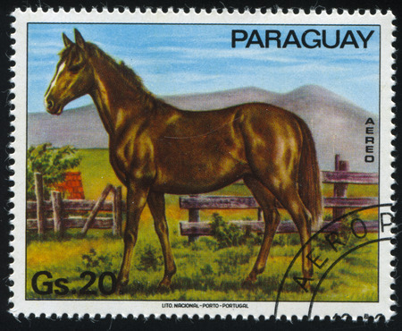 RUSSIA KALININGRAD, 22 APRIL 2017: stamp printed by Paraguay, shows horse, presents, circa 1976のeditorial素材