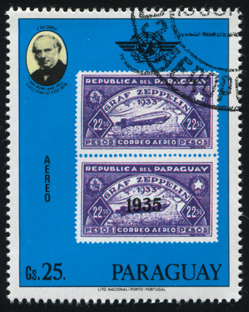 RUSSIA KALININGRAD, 22 APRIL 2017: stamp printed by Paraguay, shows Sir Rowland Hill and two stamps reproducing airship Graf Zeppelin, circa 1979のeditorial素材