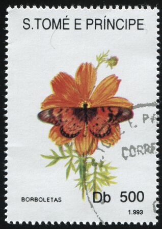 RUSSIA KALININGRAD, 28 MARCH 2019: stamp printed by Sao Tome and Principe shows beautiful butterfly, circa 1993のeditorial素材