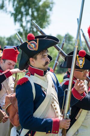 RUSSIA KALININGRAD, 30 JUNE 2019: Historical reenactment of the Battle of Friedland,  Napoleonic...