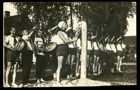 RUSSIA KALININGRAD, 6 January 2019: postcard printed by Russia USSR shows Soviet pioneers old...