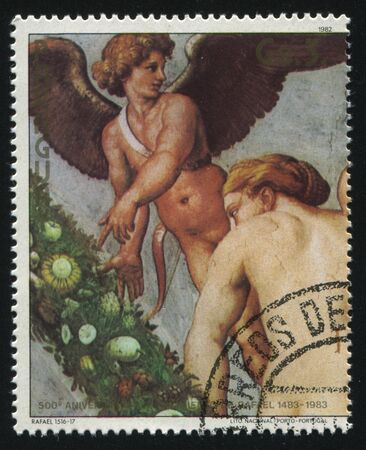 RUSSIA KALININGRAD, 19 APRIL 2017: stamp printed by Paraguay, shows Painting Cupid and Three Graces by Raphael, circa 1982のeditorial素材