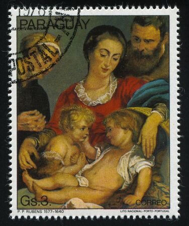 RUSSIA KALININGRAD, 19 APRIL 2017: stamp printed by Paraguay, shows  Painting Holy Family with a Basket by Rubens, circa 1978のeditorial素材