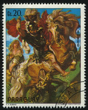 RUSSIA KALININGRAD, 19 APRIL 2017: stamp printed by Paraguay, shows Painting Saint George Slaying the Dragon by Rubens, circa 1976のeditorial素材