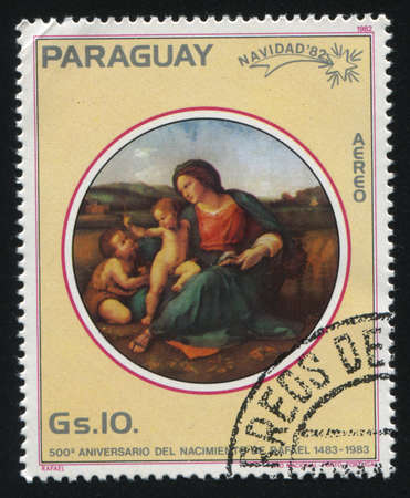 RUSSIA KALININGRAD, 19 APRIL 2017: stamp printed by Paraguay, shows Painting the Alba Madonna by Raphael, circa 1982のeditorial素材