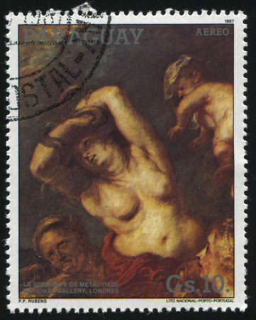 RUSSIA KALININGRAD, 19 APRIL 2017: stamp printed by Paraguay, shows Painting The Brazen Serpent by Rubens, circa 1987のeditorial素材