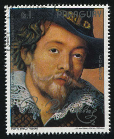 RUSSIA KALININGRAD, 19 APRIL 2017: stamp printed by Paraguay, shows  Detail from Painting Rubens and Isabella Brant under Honeysuckle Bower by Rubens, circa 1977のeditorial素材