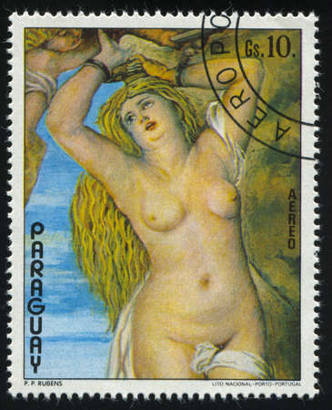 RUSSIA KALININGRAD, 19 APRIL 2017: stamp printed by Paraguay, shows  Painting Andromeda Chained to the Rock by Rubens, circa 1976のeditorial素材