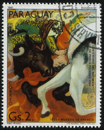 RUSSIA KALININGRAD, 19 APRIL 2017: stamp printed by Paraguay, shows Painting Bullfighter by Pablo Picasso, circa 1981のeditorial素材