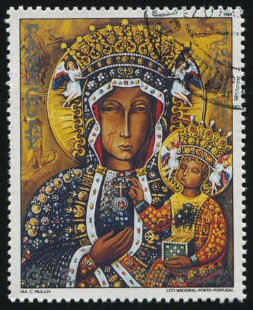 RUSSIA KALININGRAD, 19 APRIL 2017: stamp printed by Paraguay, shows Painting Czestochowa Madonna by Mullin, circa 1988のeditorial素材