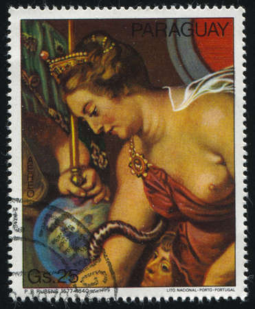RUSSIA KALININGRAD, 19 APRIL 2017: stamp printed by Paraguay, shows Painting Felicity of the Regency by Peter paul Rubens, circa 1978のeditorial素材