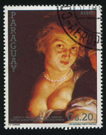 RUSSIA KALININGRAD, 19 APRIL 2017: stamp printed by Paraguay, shows  Portrait of a woman by Rubens, circa 1987のeditorial素材