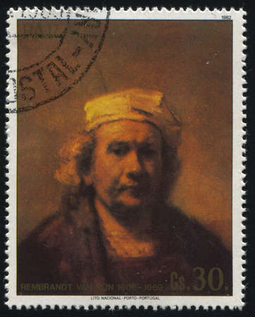 RUSSIA KALININGRAD, 19 APRIL 2017: stamp printed by Paraguay, shows Self Portrait by Rembrant, circa 1982のeditorial素材