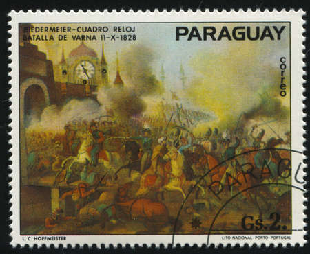 RUSSIA KALININGRAD, 19 APRIL 2017: stamp printed by Paraguay, shows Painting Battla in Varna by L. C. Hoffmeister, circa 1977のeditorial素材