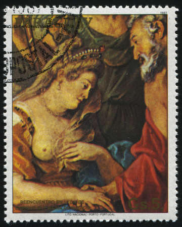 RUSSIA KALININGRAD, 19 APRIL 2017: stamp printed by Paraguay, shows Painting Marriage of Henry 4 and Marie de Medici in Lion  by Rubens, circa 1987のeditorial素材