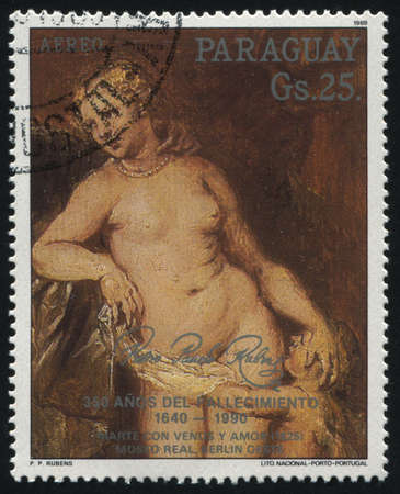 RUSSIA KALININGRAD, 19 APRIL 2017: stamp printed by Paraguay, shows  Painting  of a Woman by Rubens, circa 1989のeditorial素材
