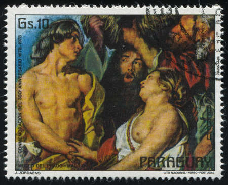 RUSSIA KALININGRAD, 19 APRIL 2017: stamp printed by Paraguay, shows Painting  Meleagro with Atalanta by Jordaens, circa 1978のeditorial素材