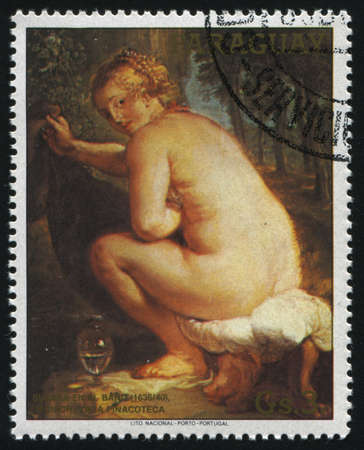RUSSIA KALININGRAD, 19 APRIL 2017: stamp printed by Paraguay, shows  Detail from Painting Suzanna and the Elders by Rubens, circa 1987のeditorial素材