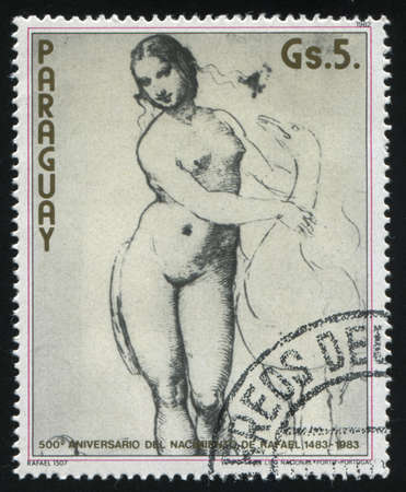 RUSSIA KALININGRAD, 19 APRIL 2017: stamp printed by Paraguay, shows Painting of Leda and the Swan by Raphael, circa 1982のeditorial素材