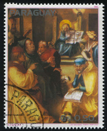 RUSSIA KALININGRAD, 19 APRIL 2017: stamp printed by Paraguay, shows  Painting Christ among the Doctors by Durer, circa 1982のeditorial素材