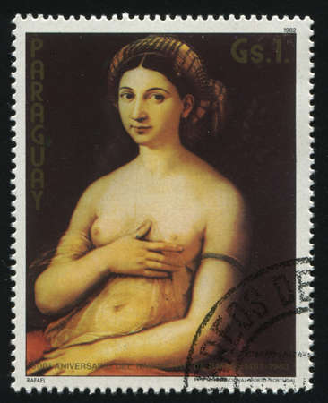 RUSSIA KALININGRAD, 19 APRIL 2017: stamp printed by Paraguay, shows Portrait of a Young Woman (La Fornarina) by Raphael, circa 1982のeditorial素材