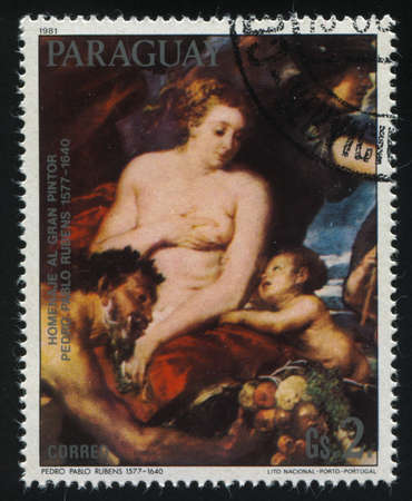 RUSSIA KALININGRAD, 19 APRIL 2017: stamp printed by Paraguay, shows Painting Minerva Protecting Peace from Mars by Rubens, circa 1981のeditorial素材