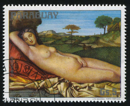 RUSSIA KALININGRAD, 19 APRIL 2017: stamp printed by Paraguay, shows Painting  Venus Sleeping by Titian, circa 1978のeditorial素材
