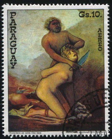 RUSSIA KALININGRAD, 19 APRIL 2017: stamp printed by Paraguay, shows Painting Savages Murdering a Woman by Francisco de Goya, circa 1978のeditorial素材