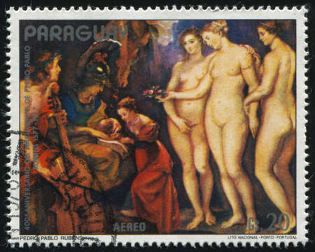 RUSSIA KALININGRAD, 19 APRIL 2017: stamp printed by Paraguay, shows Painting  St. George Slaying the Dragon by Rubens, circa 1976のeditorial素材