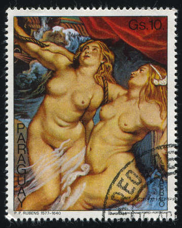 RUSSIA KALININGRAD, 19 APRIL 2017: stamp printed by Paraguay, shows Fragment from Painting by Rubens, circa 1978のeditorial素材