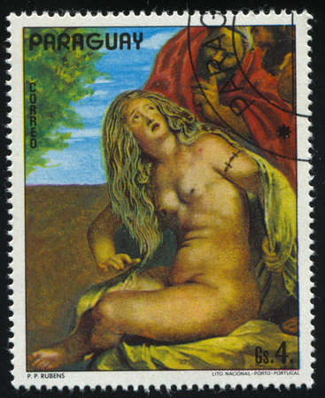 RUSSIA KALININGRAD, 19 APRIL 2017: stamp printed by Paraguay, shows Painting Triumph of Juliers by Rubens, circa 1981のeditorial素材