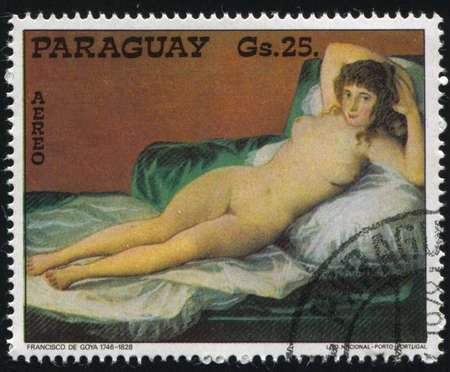 RUSSIA KALININGRAD, 19 APRIL 2017: stamp printed by Paraguay, shows Painting  Naked Maja by Francisco de Goya, circa 1978のeditorial素材