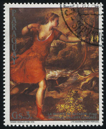 RUSSIA KALININGRAD, 19 APRIL 2017: stamp printed by Paraguay, shows Painting Death of Actaeon by Titian, circa 1989のeditorial素材