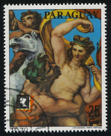 RUSSIA KALININGRAD, 19 APRIL 2017: stamp printed by Paraguay, shows Painting Exhibited at International Exhibition by Raphael, circa 1978のeditorial素材