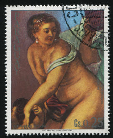 RUSSIA KALININGRAD, 19 APRIL 2017: stamp printed by Paraguay, shows  Painting Venus in the Forge of Vulcan by Rubens, circa 1985のeditorial素材
