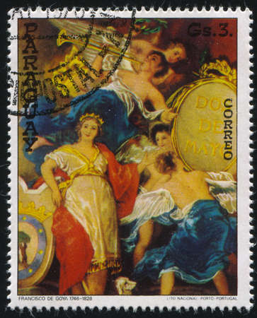 RUSSIA KALININGRAD, 19 APRIL 2017: stamp printed by Paraguay, shows Painting Allegory of the Town of Madrid by Francisco de Goya, circa 1978のeditorial素材