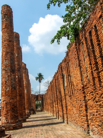 The old brick column and brick wall at Ayutthaya Historical Parkの写真素材