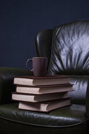 Cosy green leather armchair with books in front of the wallの写真素材