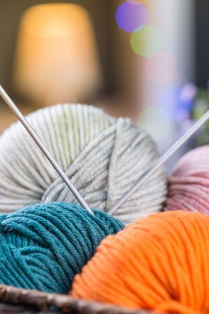 Balls of knitting yarns in the basketの写真素材