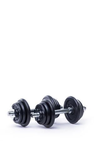 Black and chrome classic dumbbells on whiteの写真素材
