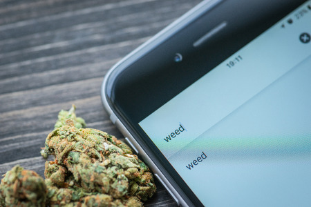 Phone and weed on a rustic wooden tableの写真素材