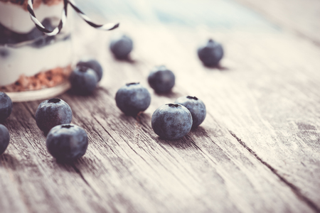 Parfait. Blueberries with greek yogurt and granolaの写真素材