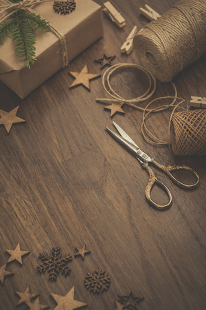 Christmas. Gifts. Vintage style gift boxes on a rustic wooden tableの写真素材