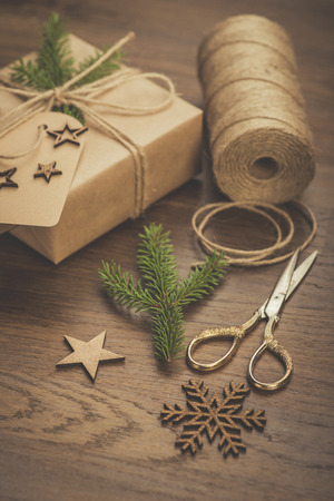 Christmas. Gifts. Vintage style gift boxes on a rustic wooden tableの写真素材