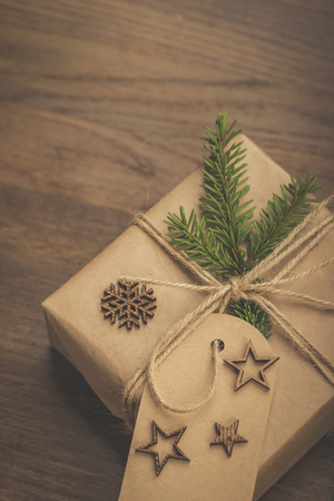 Christmas. Gifts. Vintage style gift boxes on a rustic wooden tableの写真素材