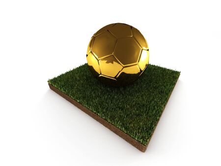 Golden ball on piece of grass isolated on white background. High quality 3d render.の写真素材
