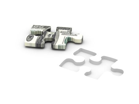 Financial solution. Part of puzzle with image of dollar isolated on white background. High quality 3d render. の写真素材