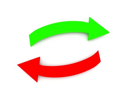 Transfer. Green and red arrows isolated on white background. High quality 3d render.の写真素材